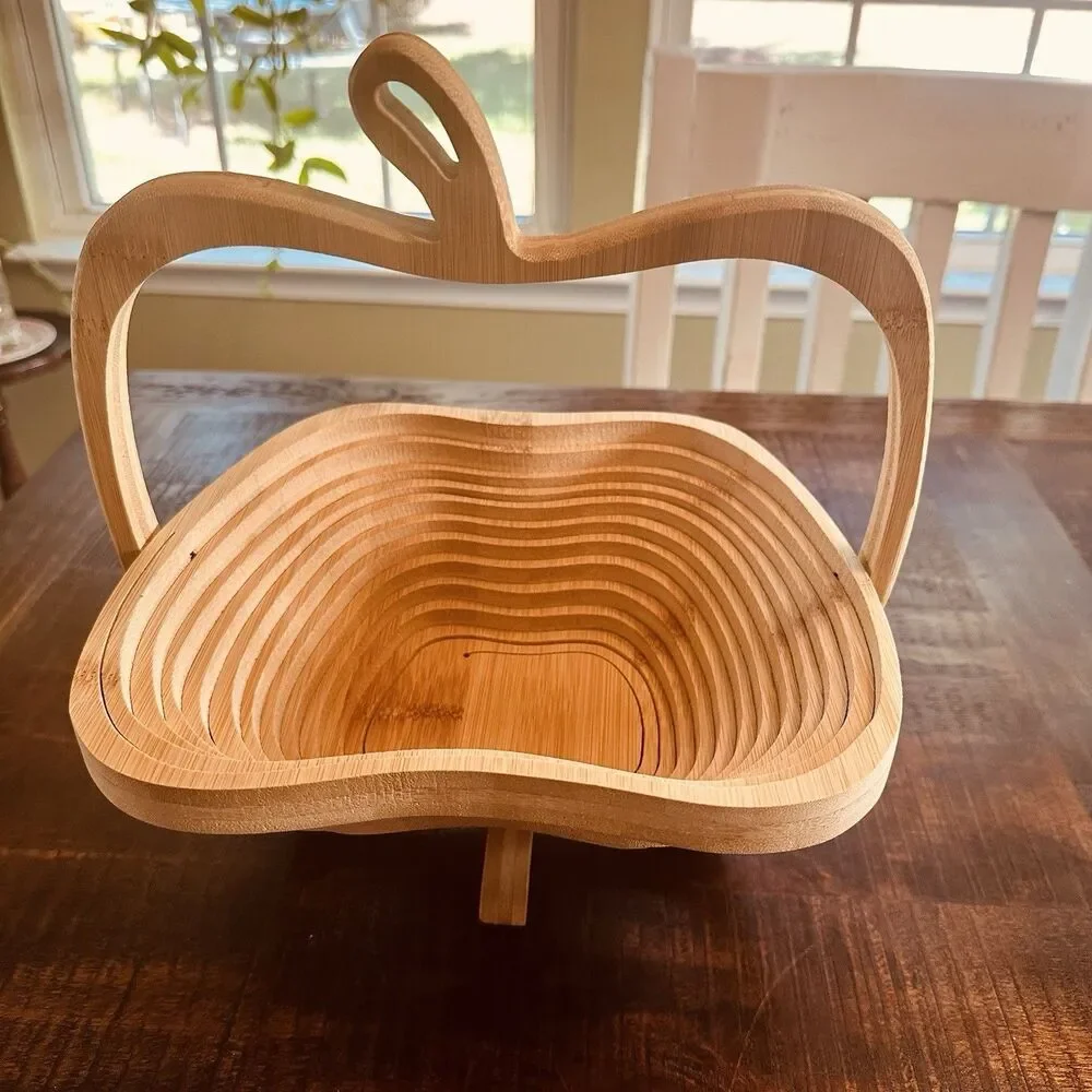 Collapsible Bamboo Fruit Basket Apple Shaped Folding Wood Bowl Trivet VTG Style